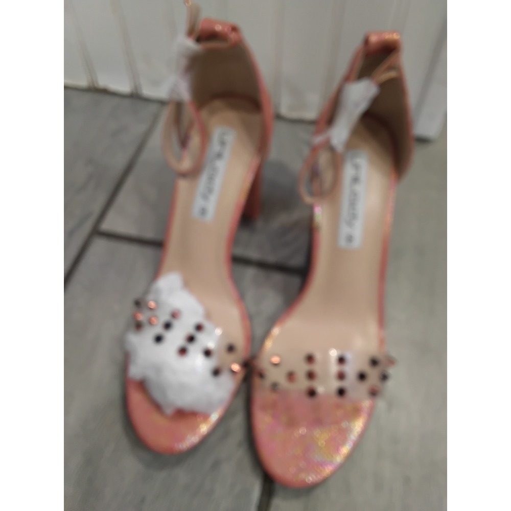 UniLady Christal-18 Orange Iridescent Spiked Clear Strap Block Heel Sandals - 8
